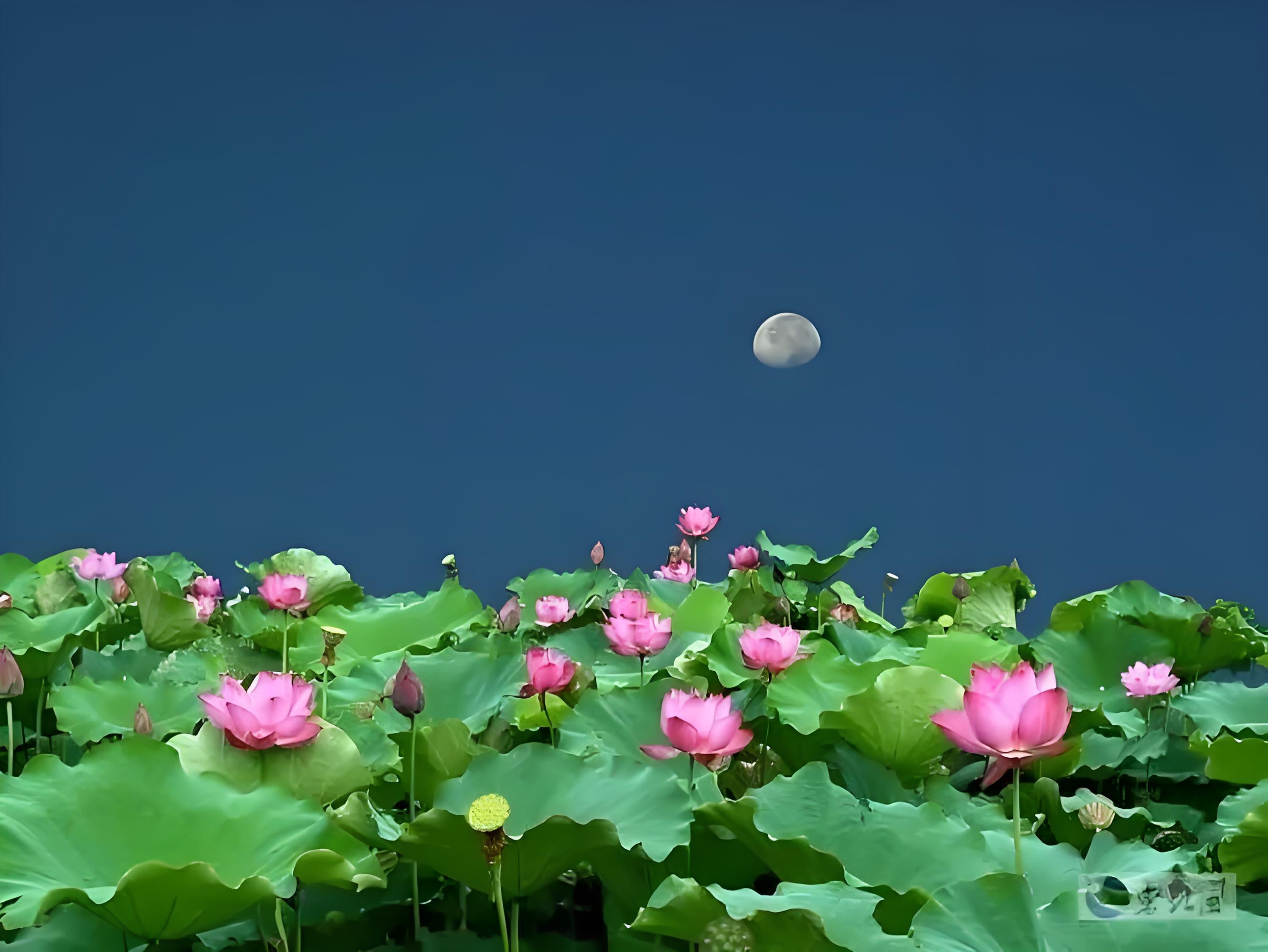 (自续:荷花朵朵竞芬芳) 邀友对对联 上联:荷花月下争芳馥 下联:[滓揪