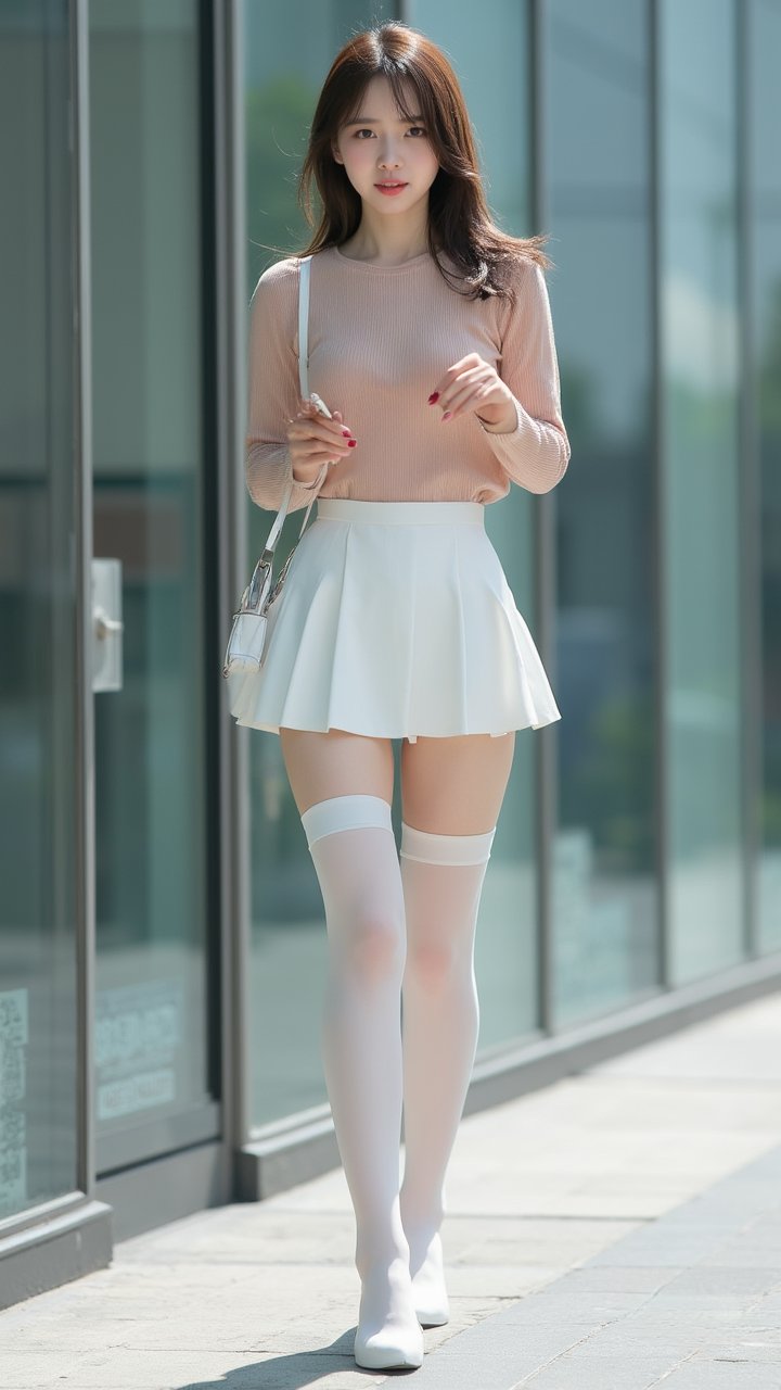 哇,这小姐姐白色短裙搭配过膝袜,走在街上回头率要爆表啦!