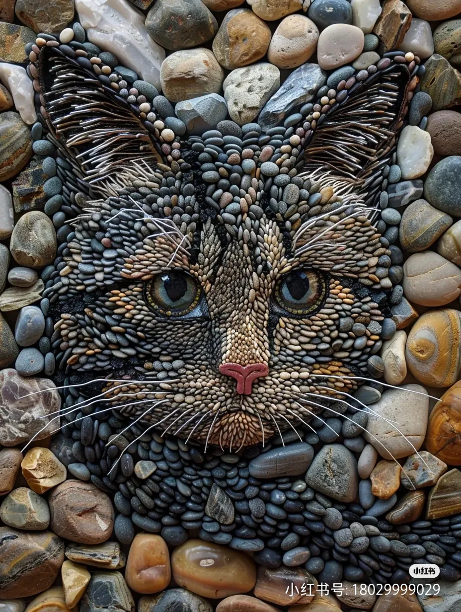 今日偶遇一神秘佳作,以鹅卵石拼出的猫脸图,太逼真!