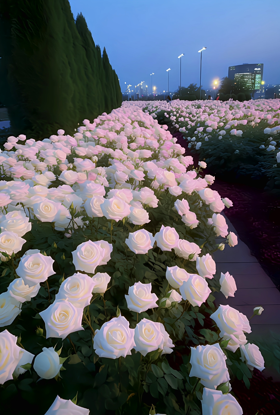 "在这片纯白的花海中,每一朵玫瑰都带着晶莹的水滴,仿佛是大自然的