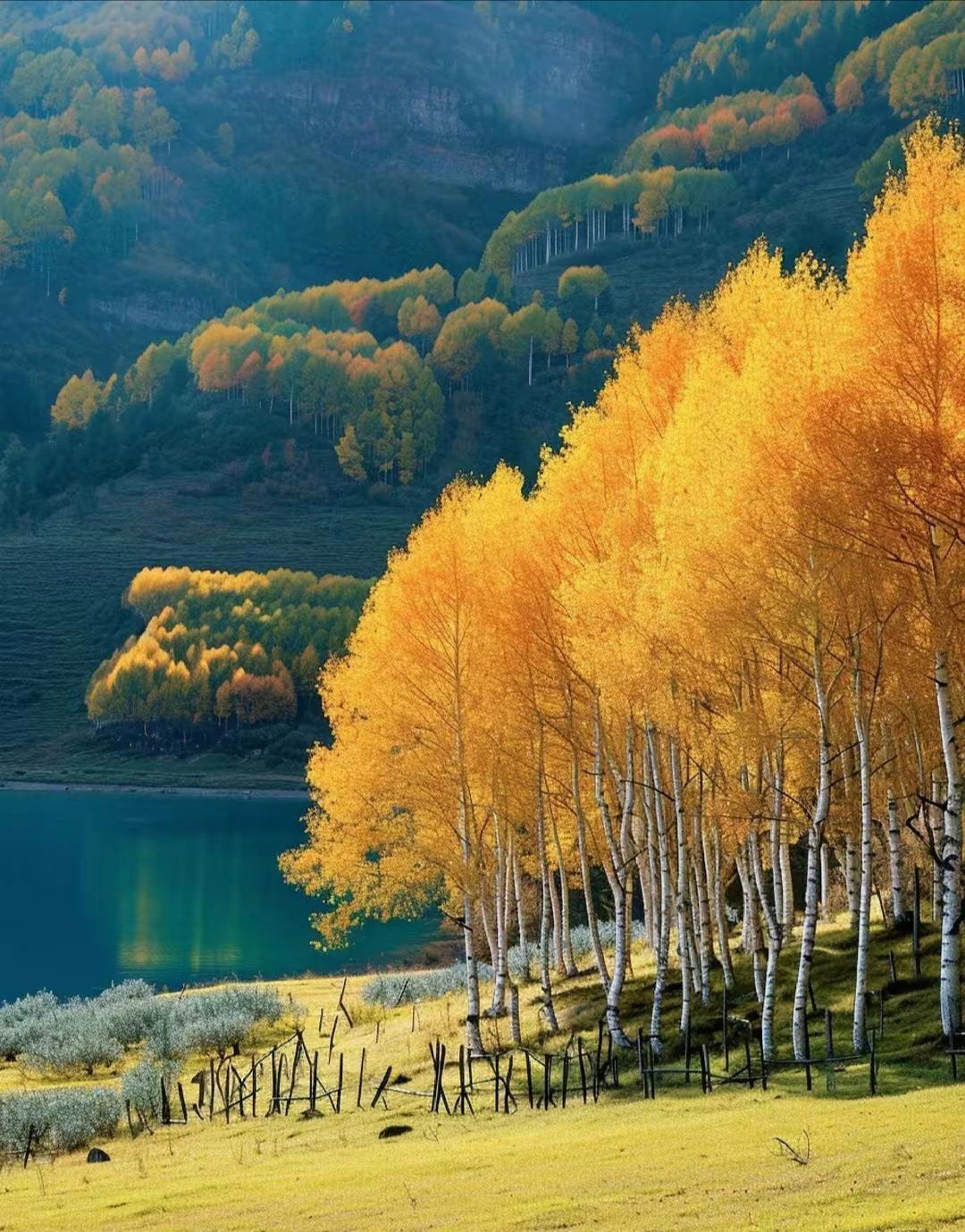 白桦树的白色树干,仿佛是大地上的笔触,而金黄的树叶则是秋天的调色