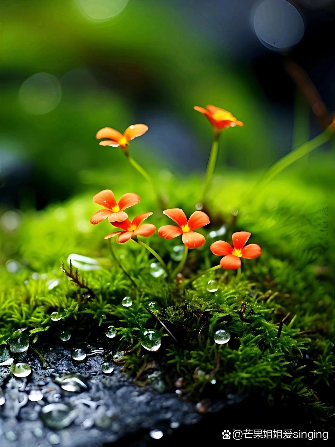 绿苔藓上,橙色小花静静绽放,水滴滑落,仿佛时间在这一刻静止.