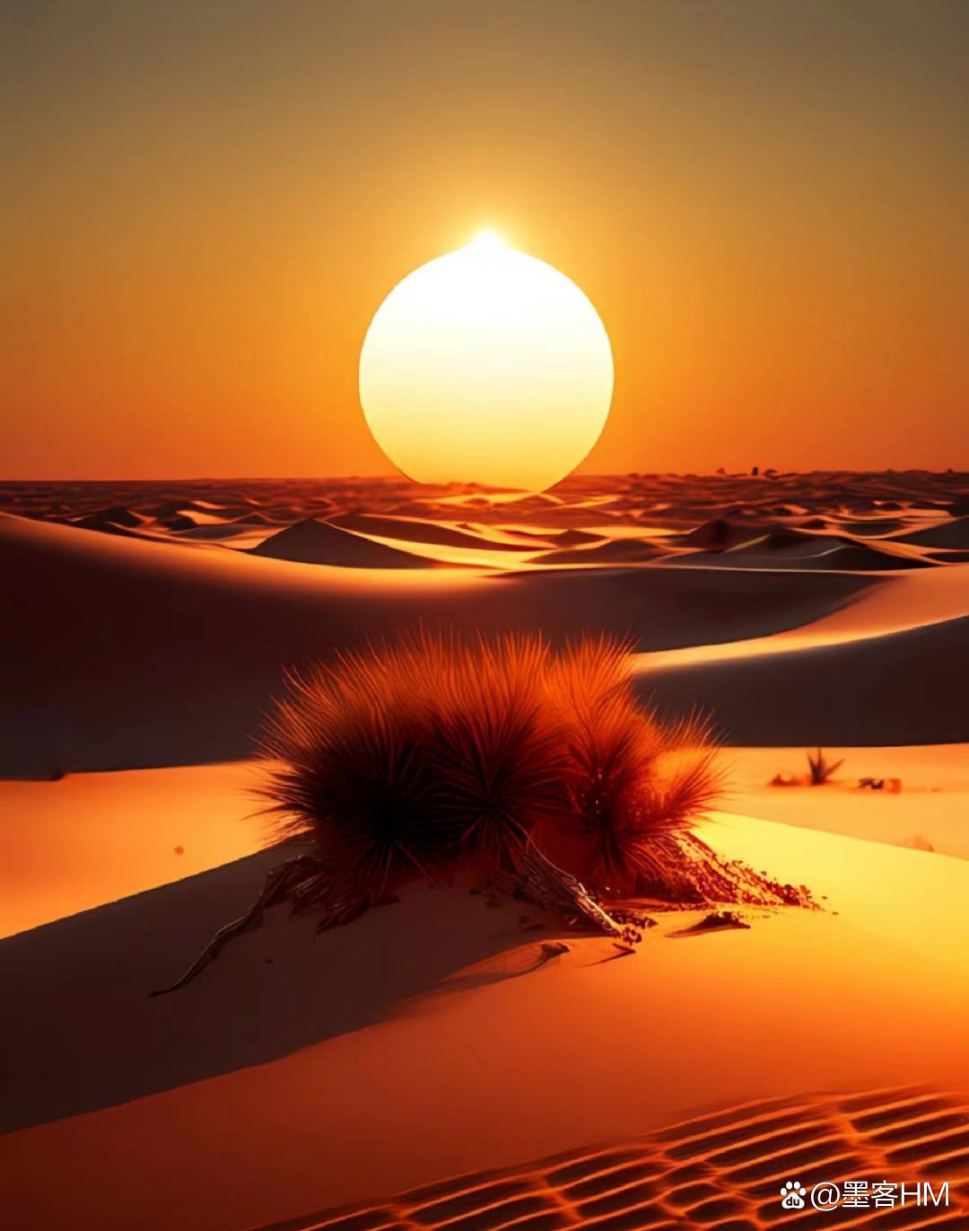 在这片浩渺的沙漠中,太阳如同一个大红灯笼缓缓落下,把天空染成了金