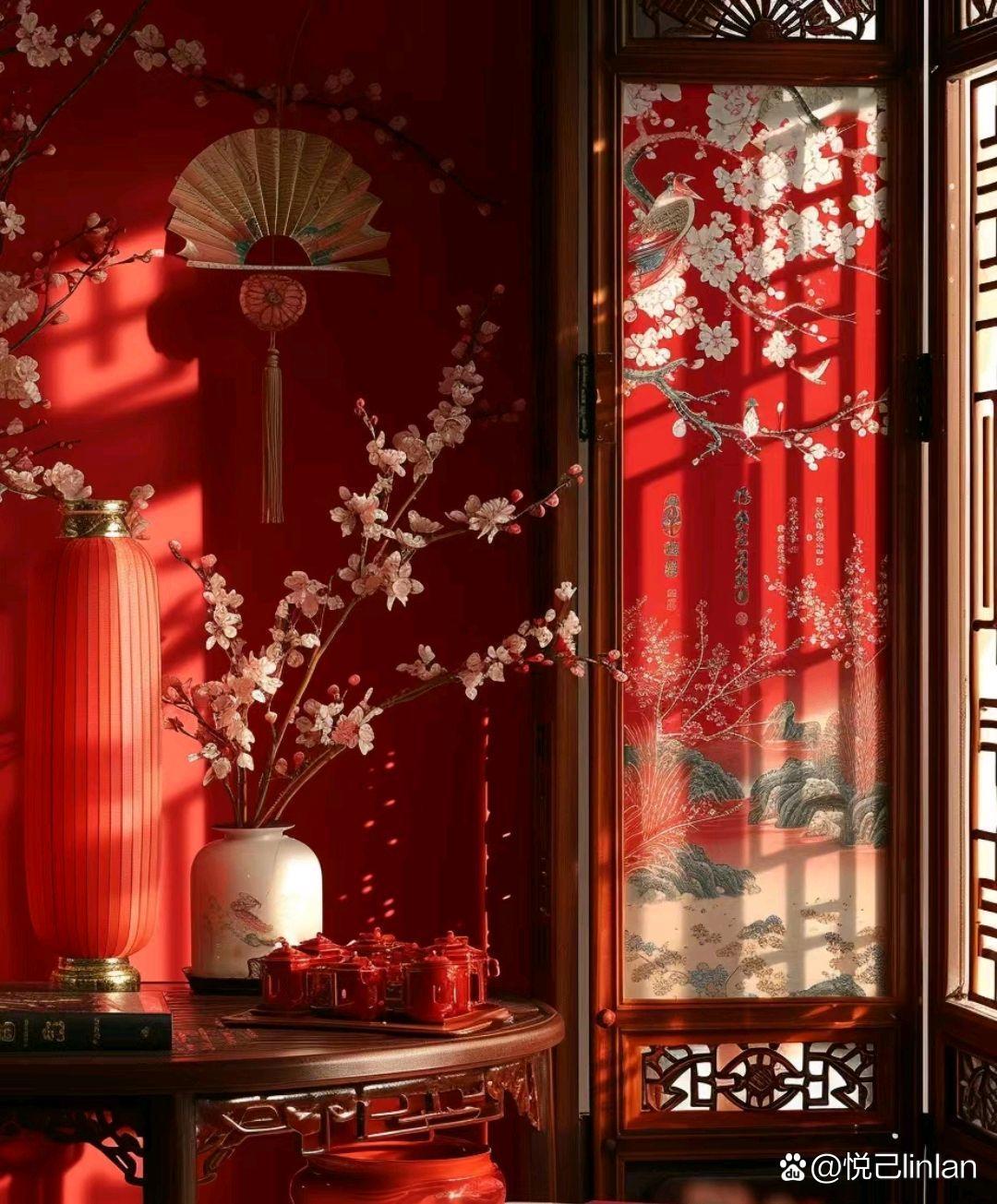 走进这个中国风的红色房间,仿佛穿越到了古时的梅园.