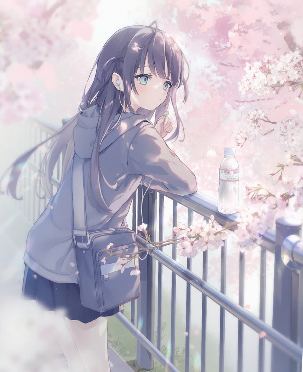 动漫头像和壁纸# 春日樱花树下,女孩轻倚栏杆,樱花缤纷如梦.