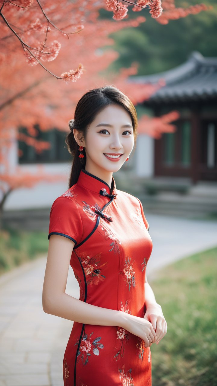 金色花卉图案点缀其间,犹如画龙点睛,使整件旗袍更显华贵.