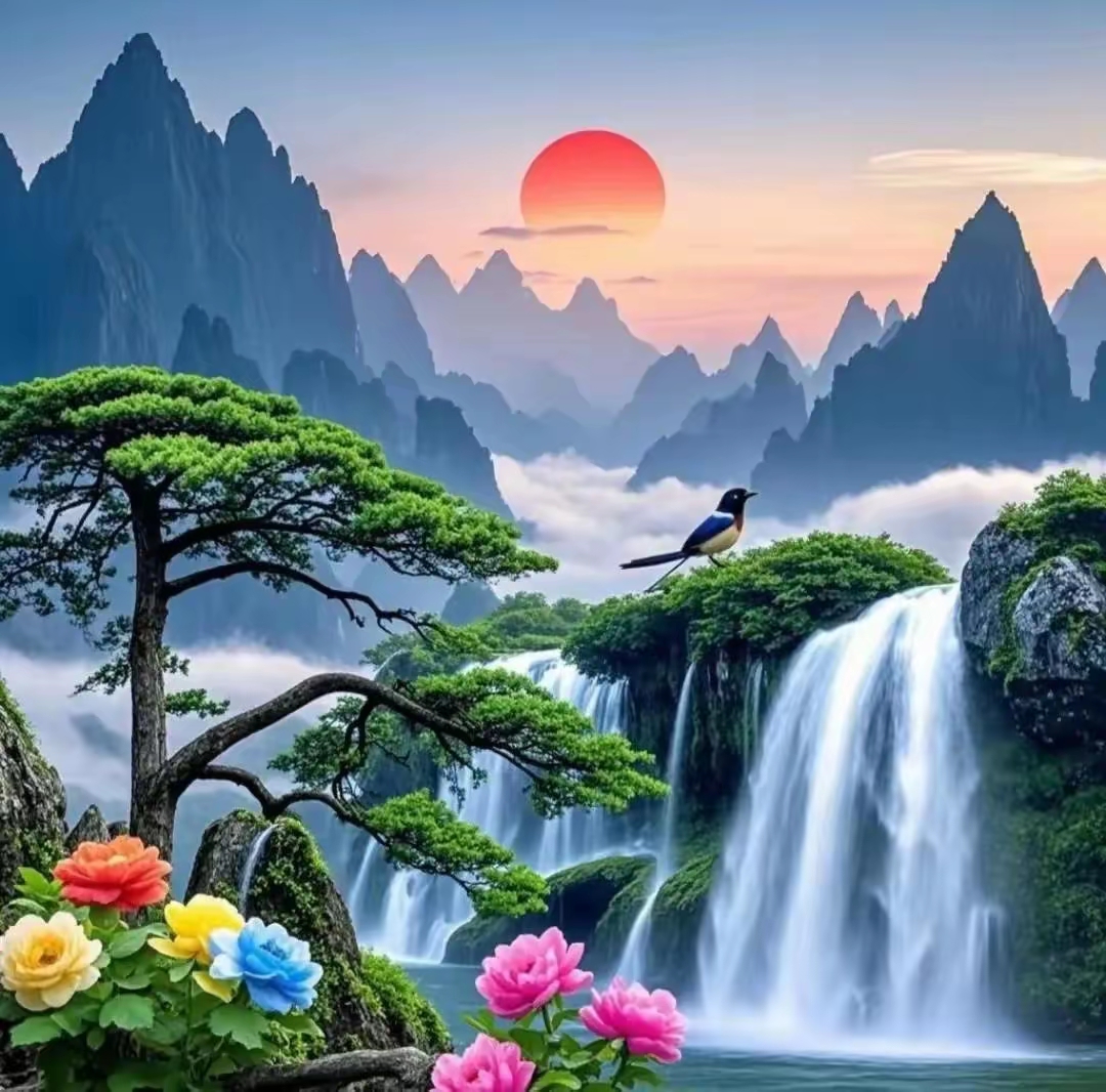 花开富贵,喜鹊送福,财如流水滚滚来