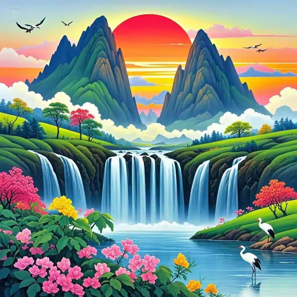 红日耀山水,繁花引仙鹤,祥瑞满人间