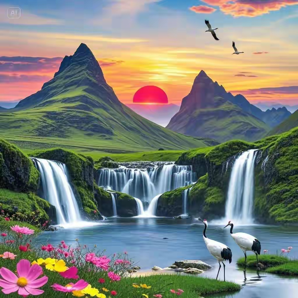 红日耀山水,繁花引仙鹤,祥瑞满人间