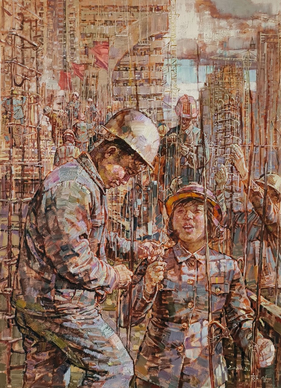 朝鲜原创油画 功勋艺术家 韩日(2021年8月平壤市一万套住宅建设工程