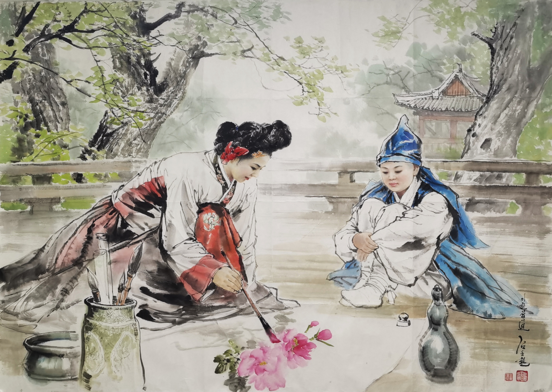 朝鲜国画 已故人民艺术家 劳动英雄 金东环  作品名:《申师任堂教子图