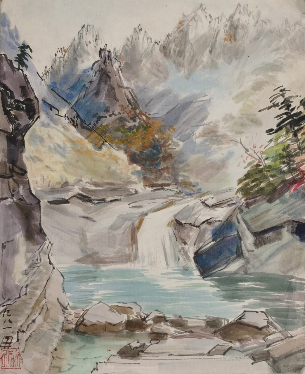 朝鲜国画 越北画家 具本英 作品名:金刚山八潭 年代:1981年 尺寸:30.