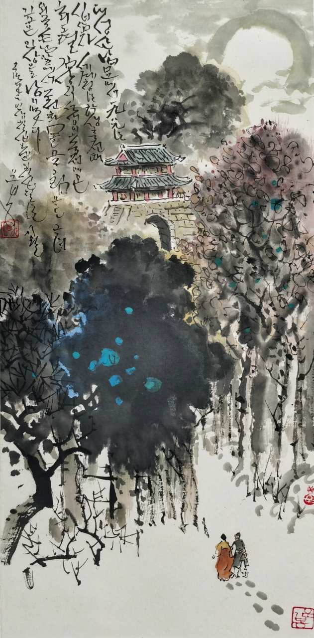 朝鲜国画 著名画家,评论家 李在贤 作品名:一九八九年,在大成山南门