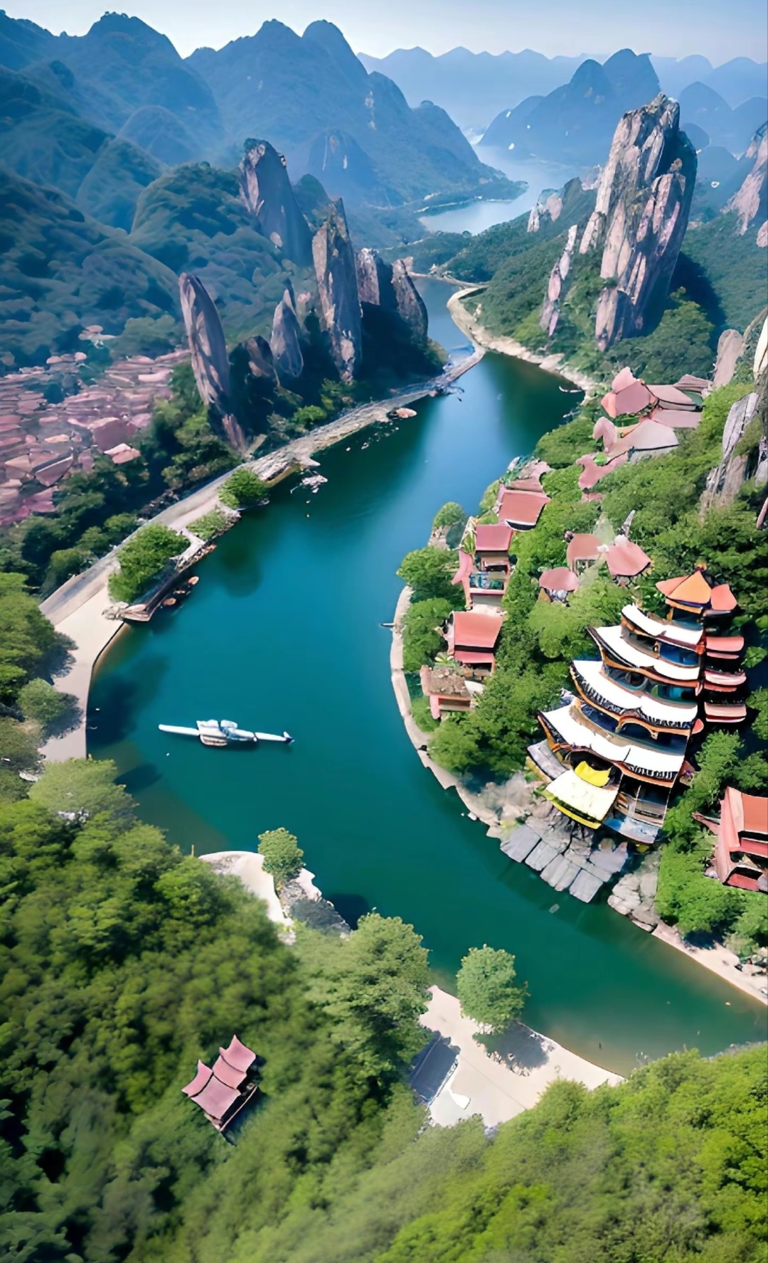 山崖上的秘境,古色古香的建筑静静矗立,仿佛在诉说着千年的故事.