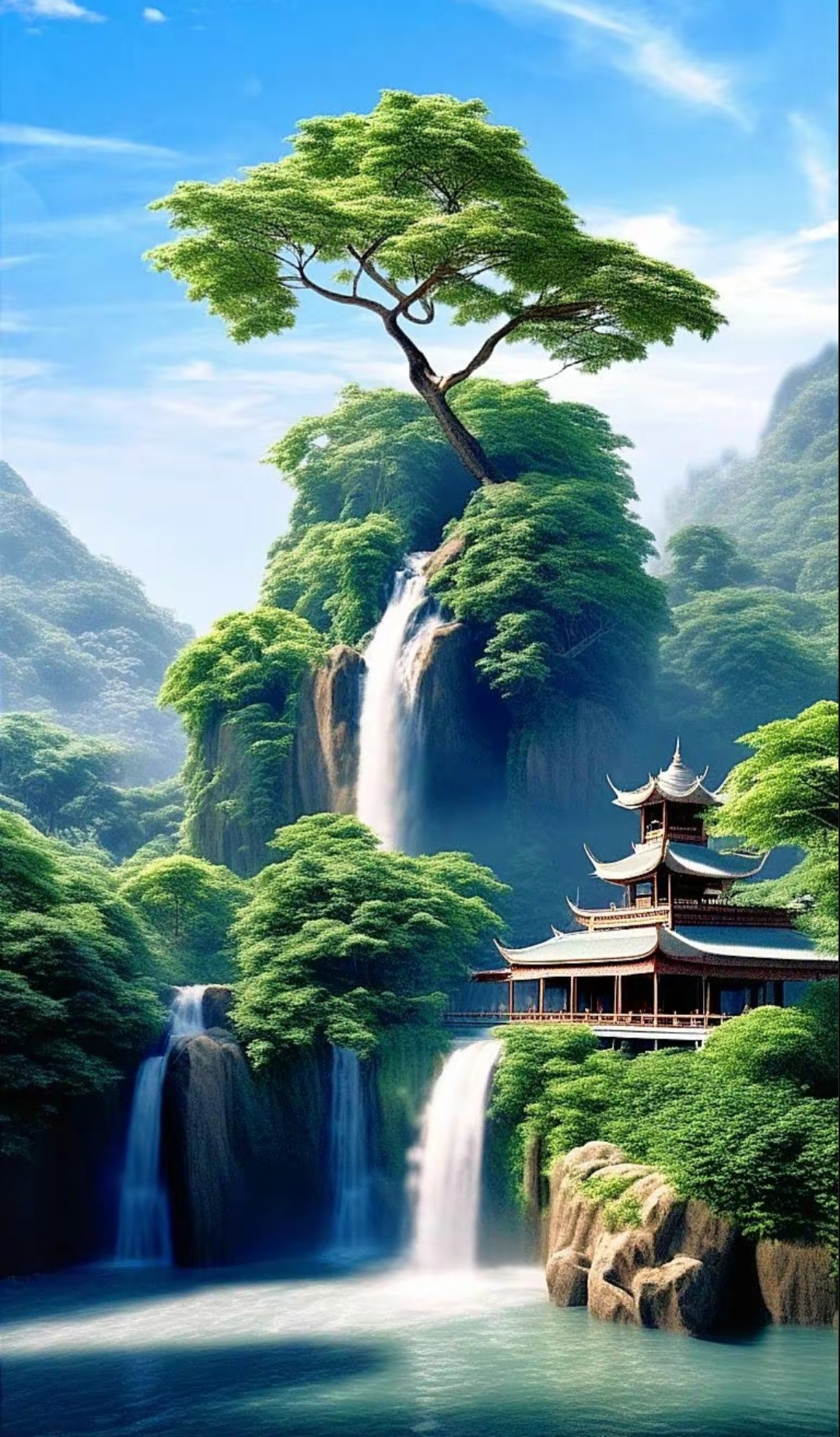 在这宁静的画卷中,一棵参天大树屹立,绿叶繁茂,仿佛诉说着千年的