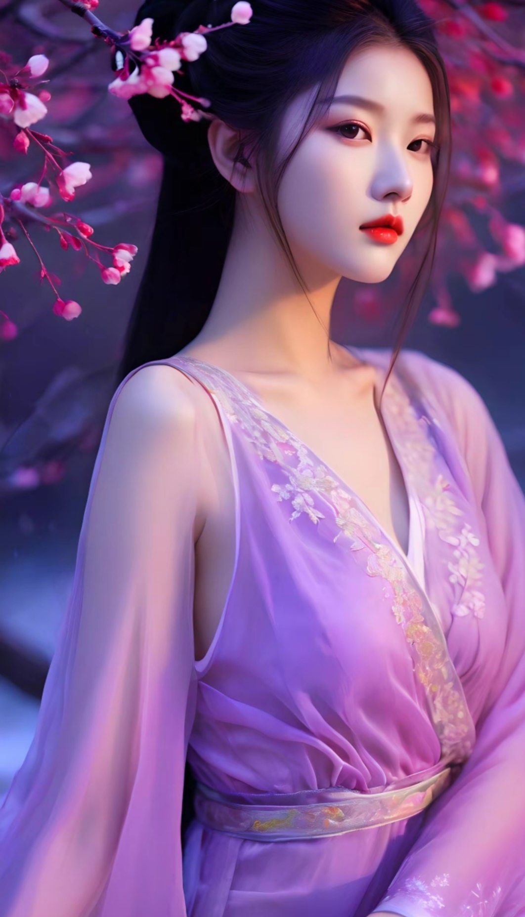 夜晚的樱花树下,坐着一位身穿紫色长袍的女子,仿佛是从古代画卷中走出