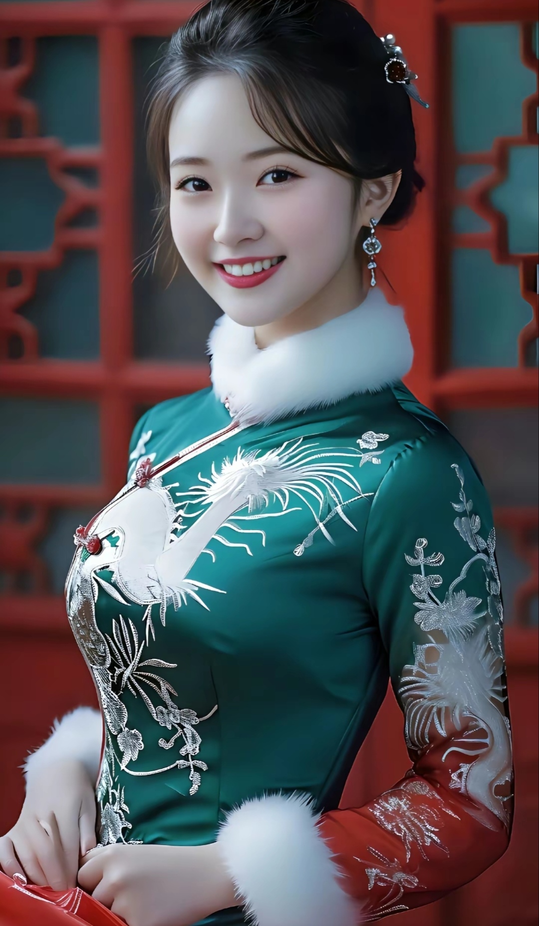 她的旗袍线条流畅,尽显东方女性的婉约与婀娜.