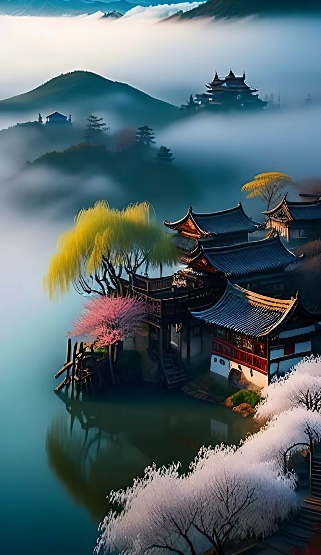 画面中的山峰仿佛仙境一般,云雾缭绕,如梦如幻.