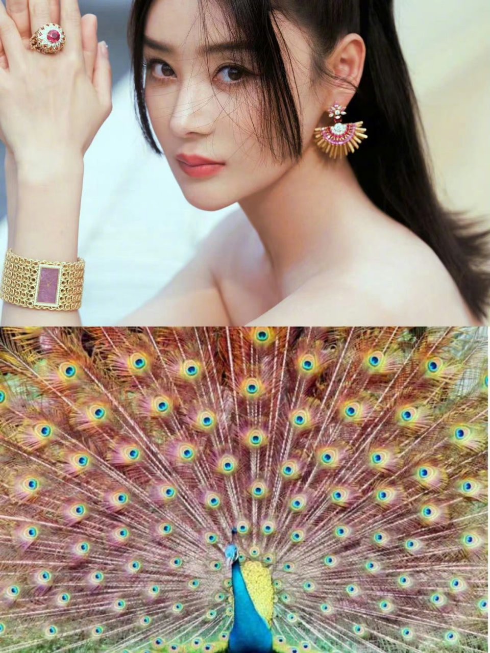 袁姗姗公主切刘海搭配孔雀开屏耳环,气质优雅,不可复制