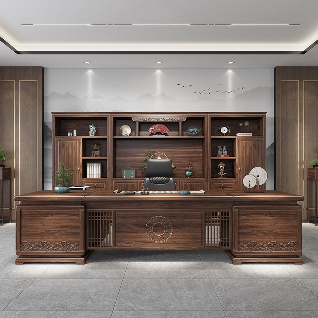 新中式办公桌乌金木老板桌#老板办公桌# 懂事长办公室全套家具