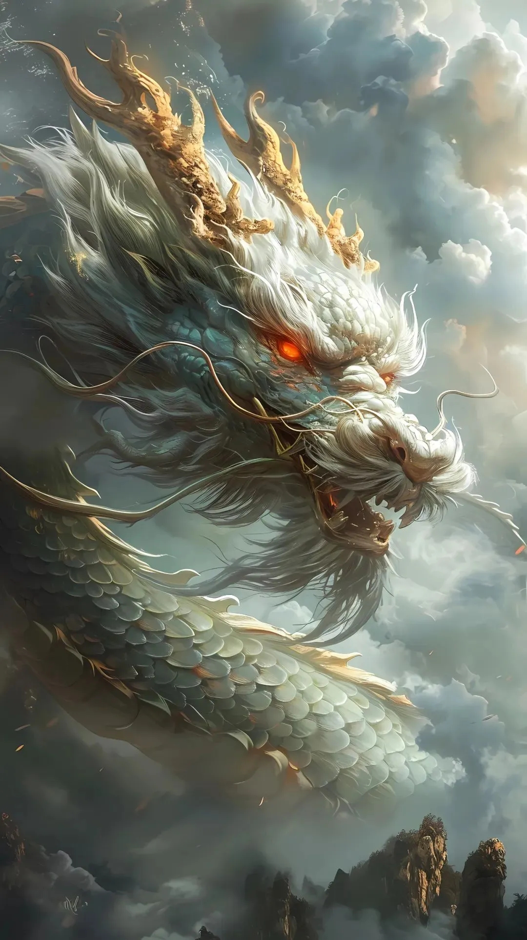 在云雾缭绕的仙境中,一条红色巨龙腾飞而起,它盘旋而上,似乎在守护着