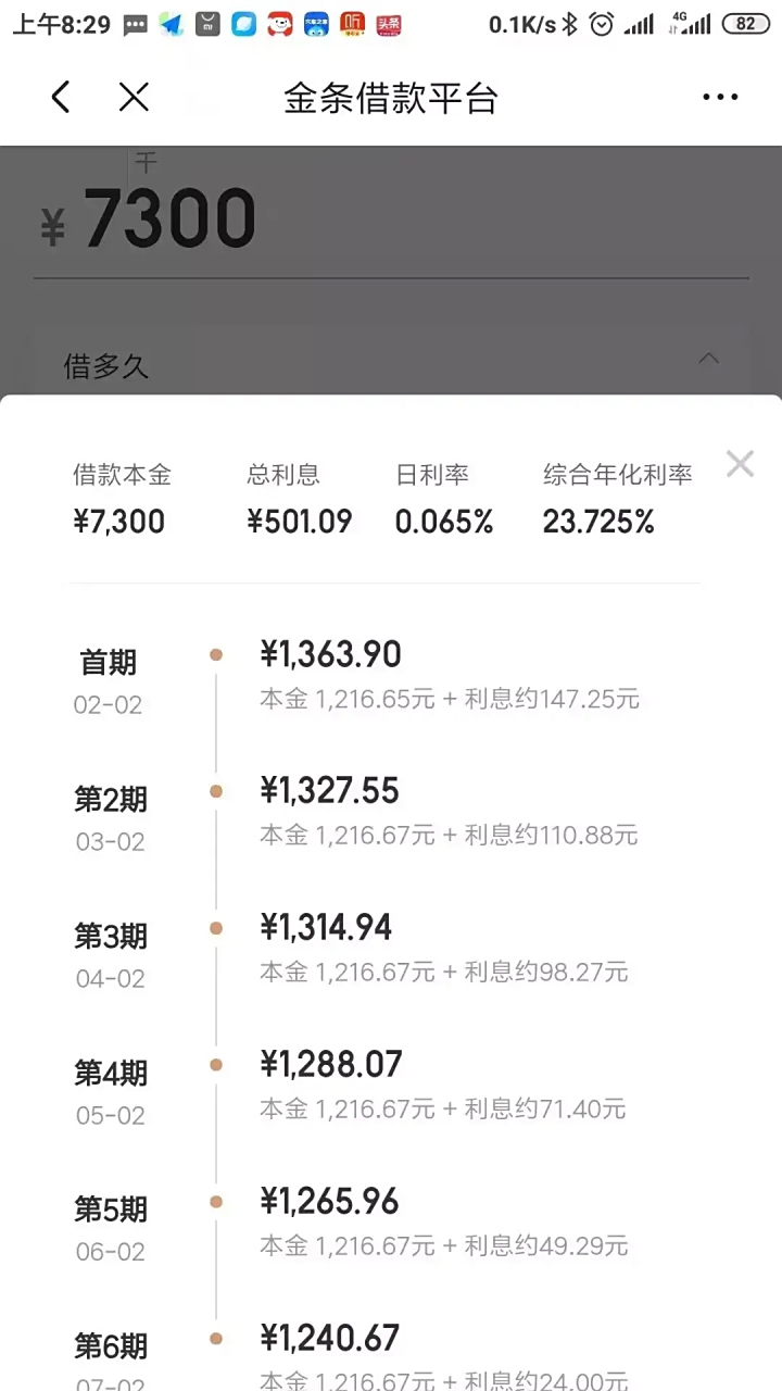 京东金融借款平台,借7300元,半年时间的期限,需要还501