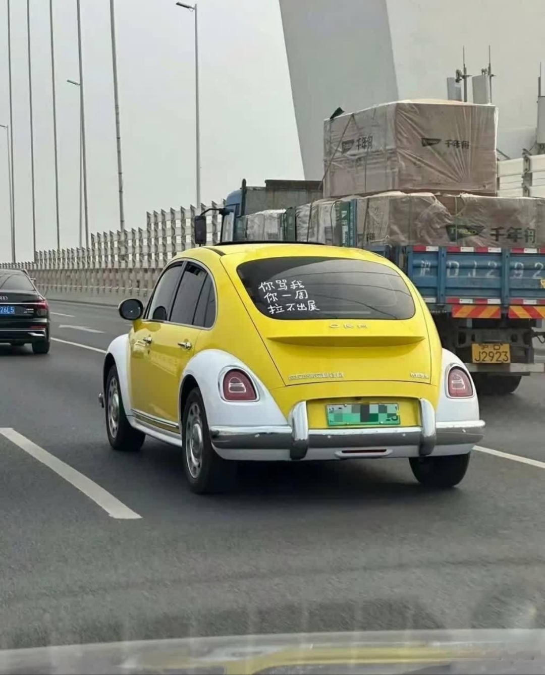 发现前面一辆好可爱车型像青蛙一样的车,仔细一看竟然是发现车上还贴