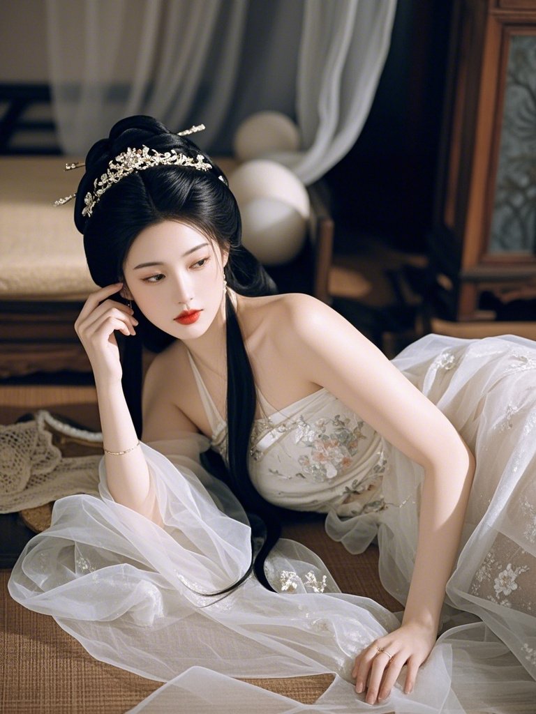 一头黑发如墨,柔顺亮泽,衬得她的肌肤愈发白皙