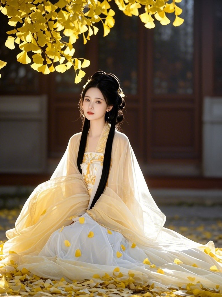 银杏树下古装少女,薄纱花裙多惊艳 一古代美女,那颜值简直逆天!