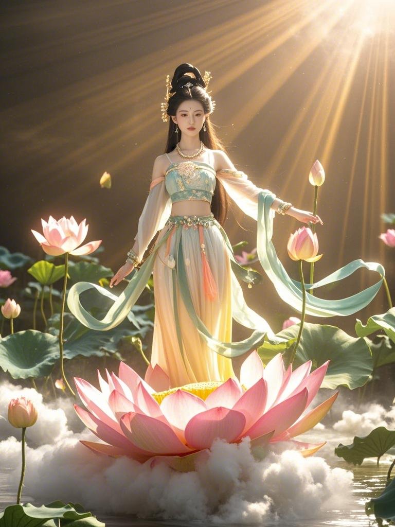 在莲花盛开的莲花园里,一位仙子宛如从天而降