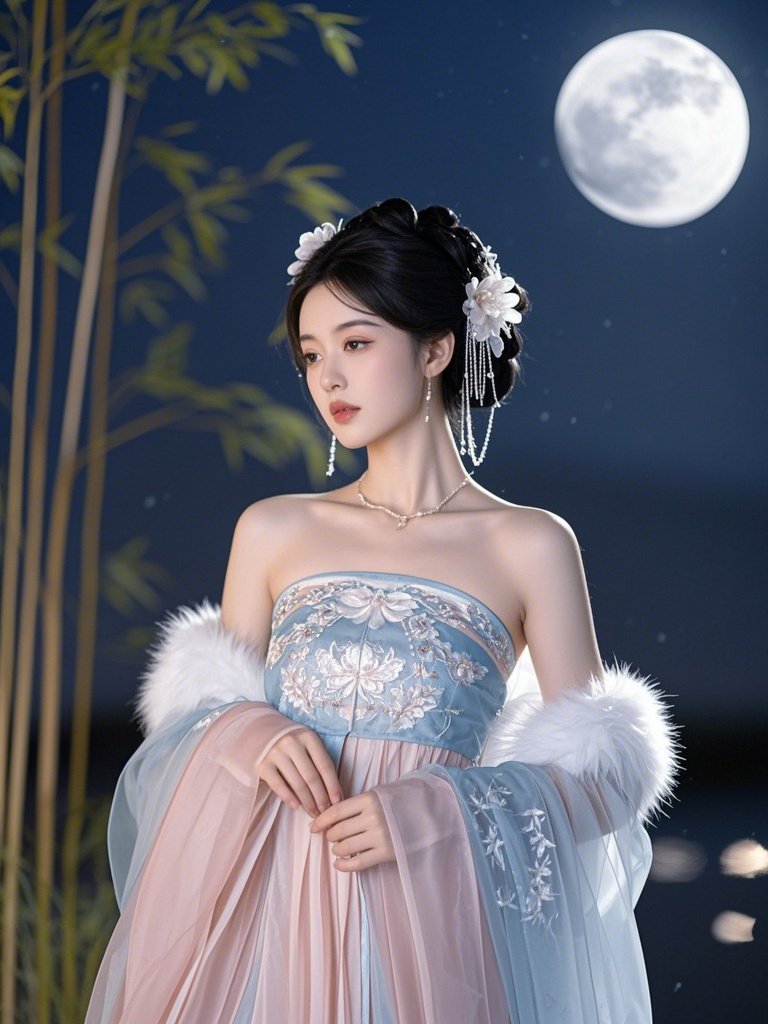 风采依旧  在明月高悬的夜空下,她身着浅粉与浅蓝色搭配的抹胸襦裙