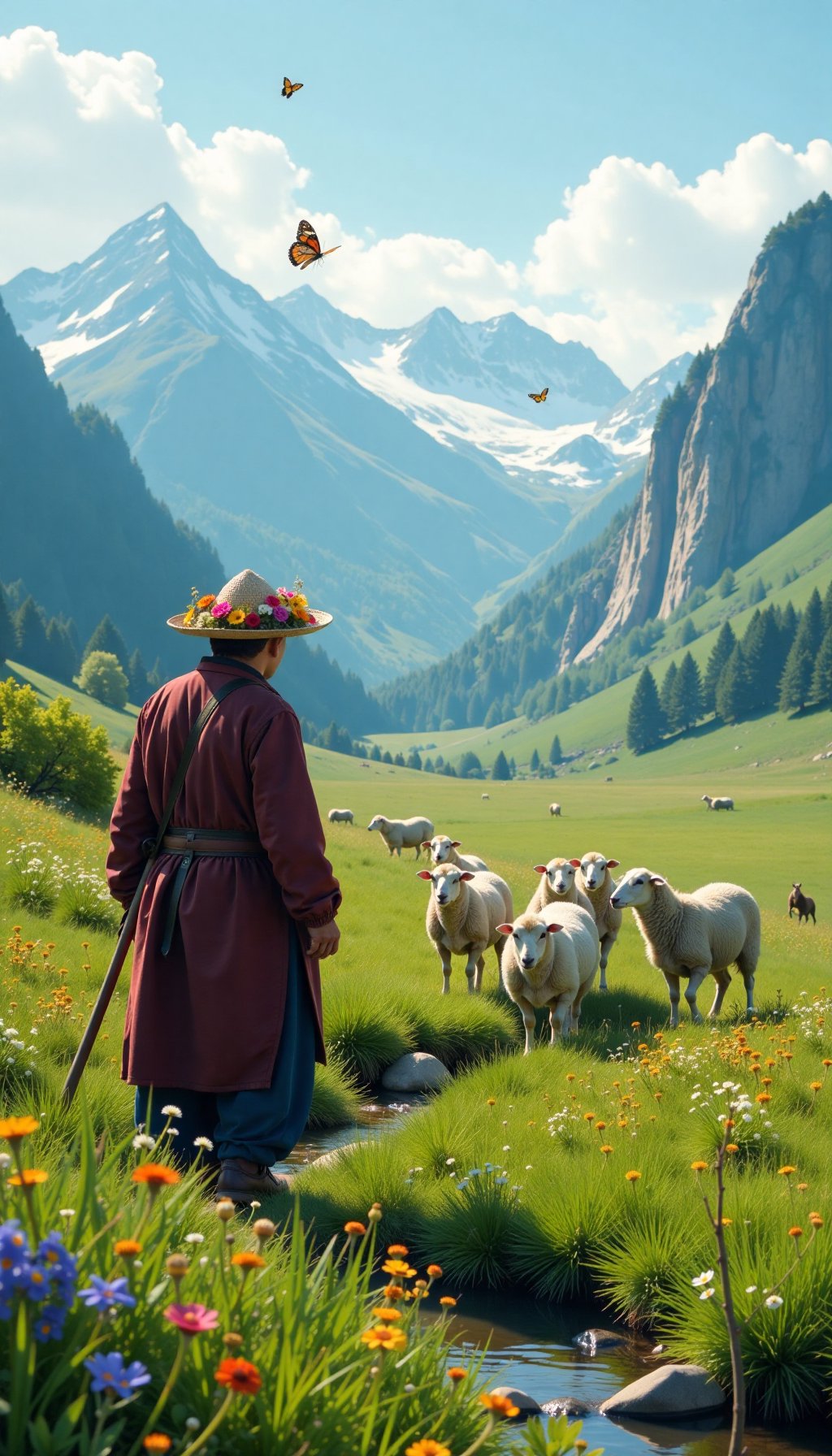 山里的牧羊人,风景如画的地方,看看可爱的羊群吧!