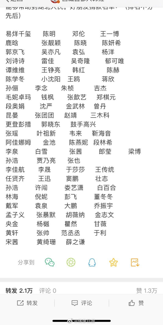 武汉疫情明星捐款#  韩红更新了为武汉捐款的明星名单,快来看看有没