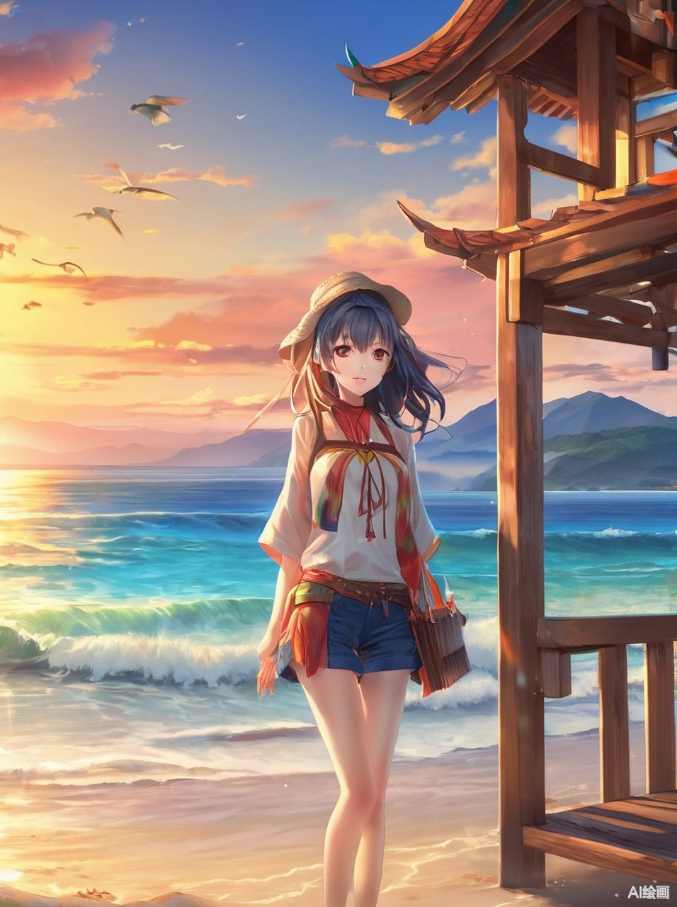 题目:沙滩上的少女与夕阳  在一片金黄的沙滩上,一位少女静静地站立.