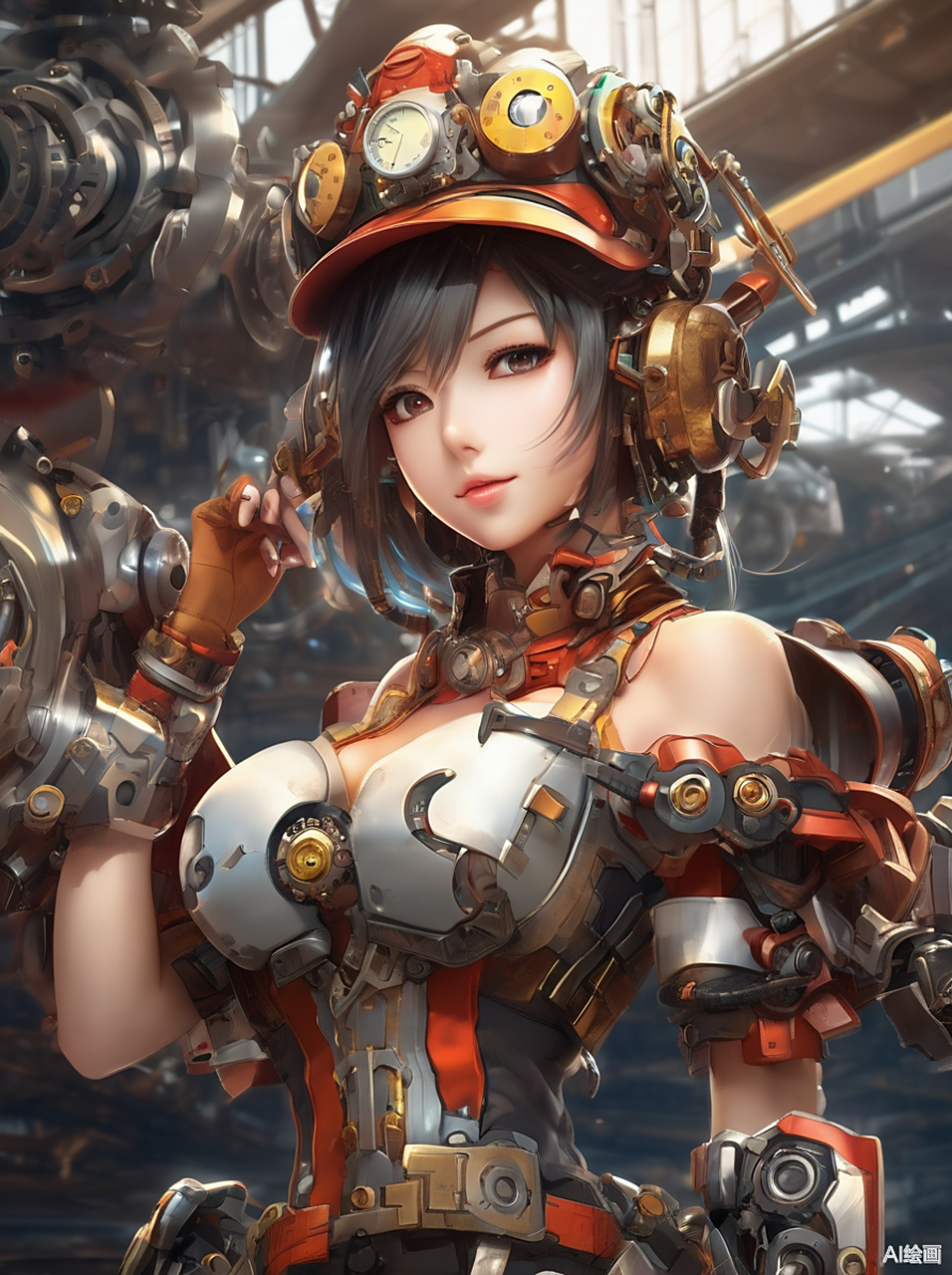 99  979797身穿橙色战斗服,头戴红色帽子的女机器人,感觉自己