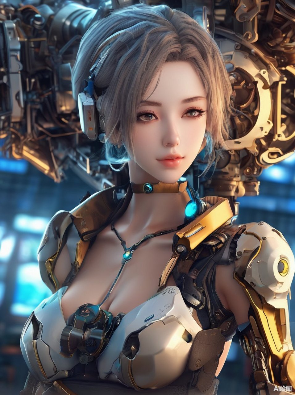 身穿金色铠甲,头戴蓝色耳机,眼神坚定,准备迎接挑战!