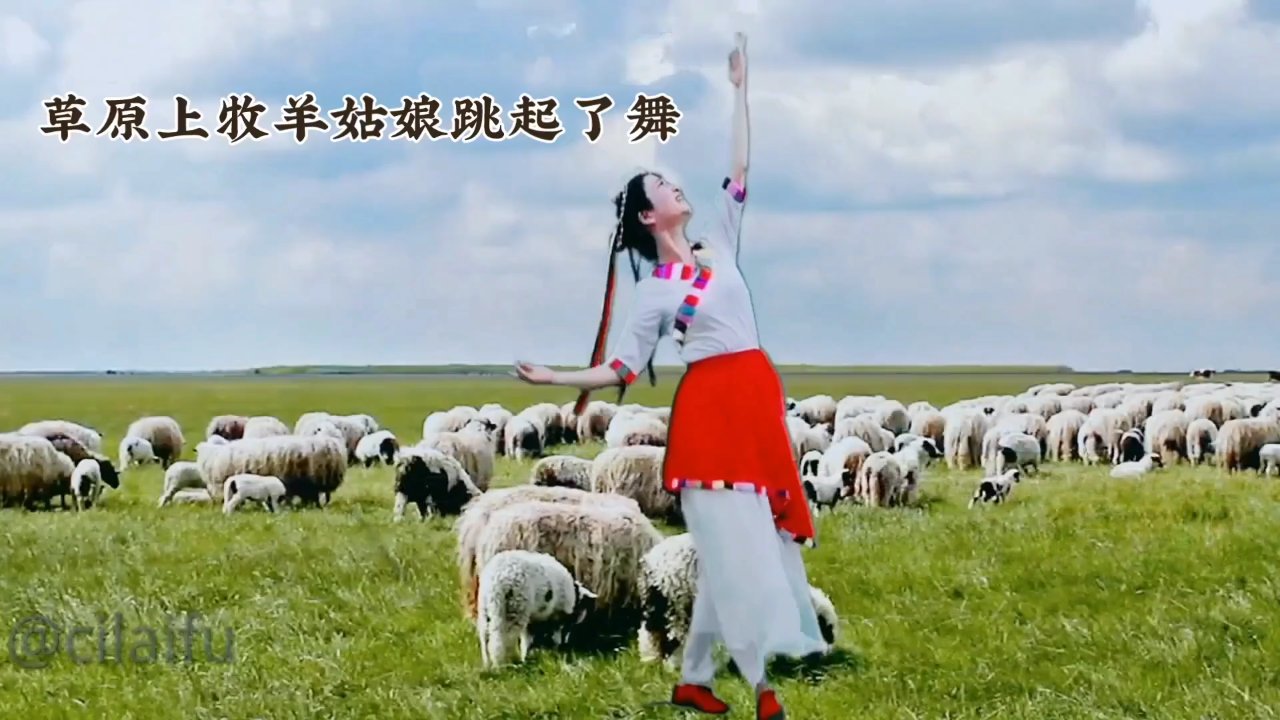 草原上牧羊姑娘跳起了舞,她的裙摆随着节奏轻轻摆动,仿佛与羊群共舞