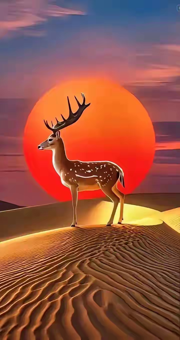 哇,这鹿在夕阳下的沙漠背影,美得让人屏息,感觉它也在享受这宁静的