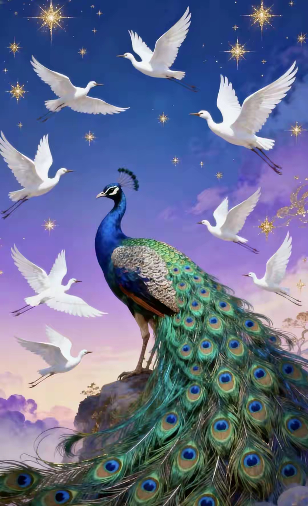 哇,这幅画太美了!孔雀在星空中闪耀,仿佛梦境成真