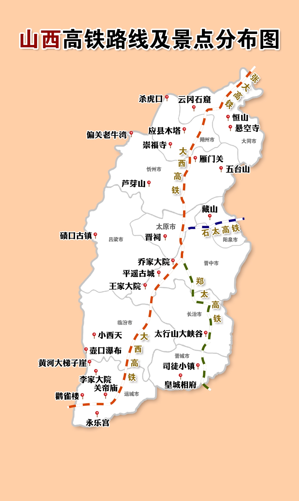 图高铁经过的山西著名景点山西高铁站分布图与旅游景点图山西线路地图