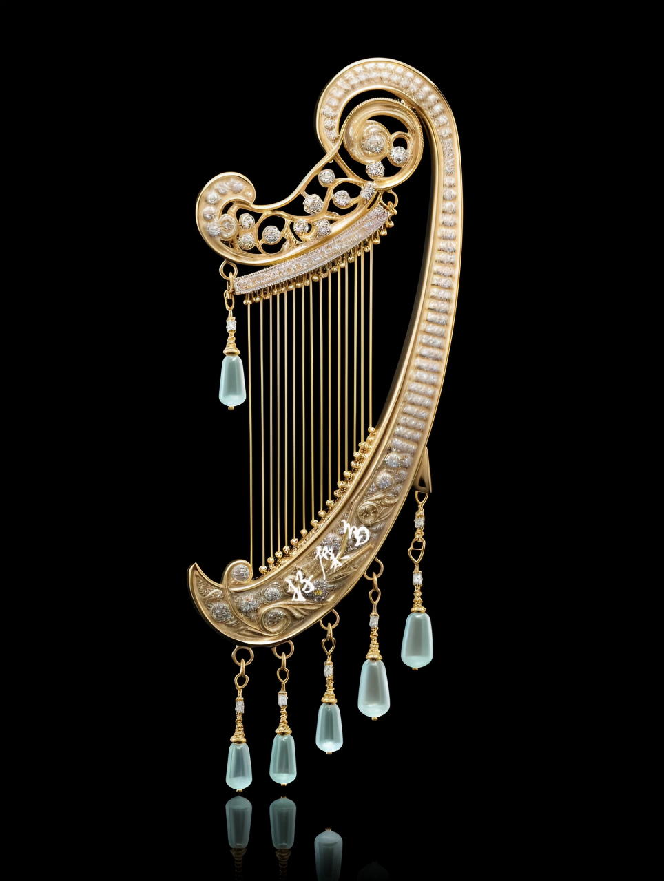 琴弦轻轻地挥动,音符如水般流淌,竖琴的优雅与珠宝的华美相