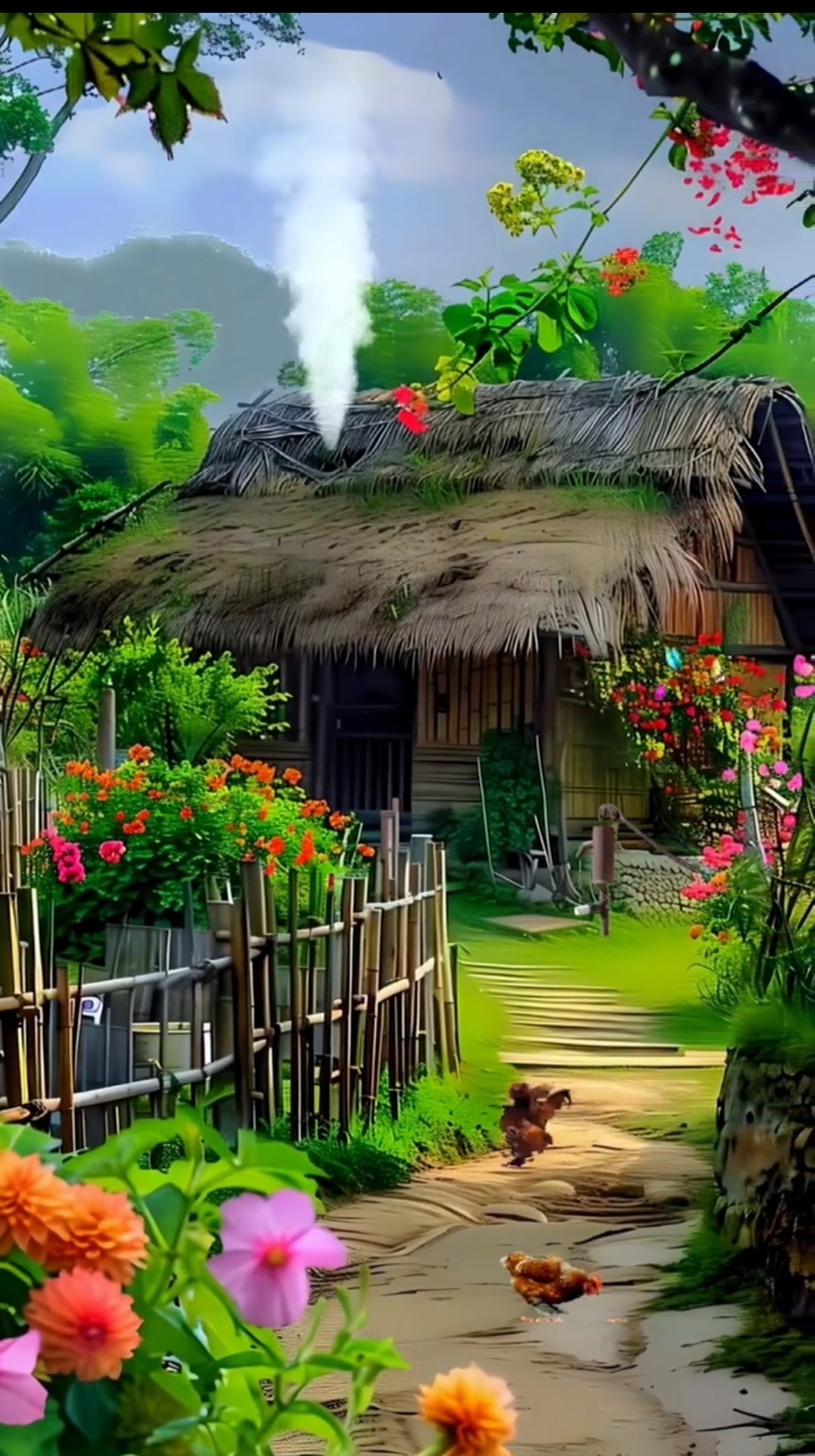 山谷里一座茅草屋静静伫立在大山之中,被绿意盎然的植被和五彩斑斓的