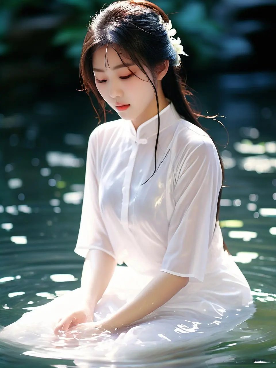 夏日清凉,白裙少女,水中央. 清水出芙蓉,天然去雕饰.