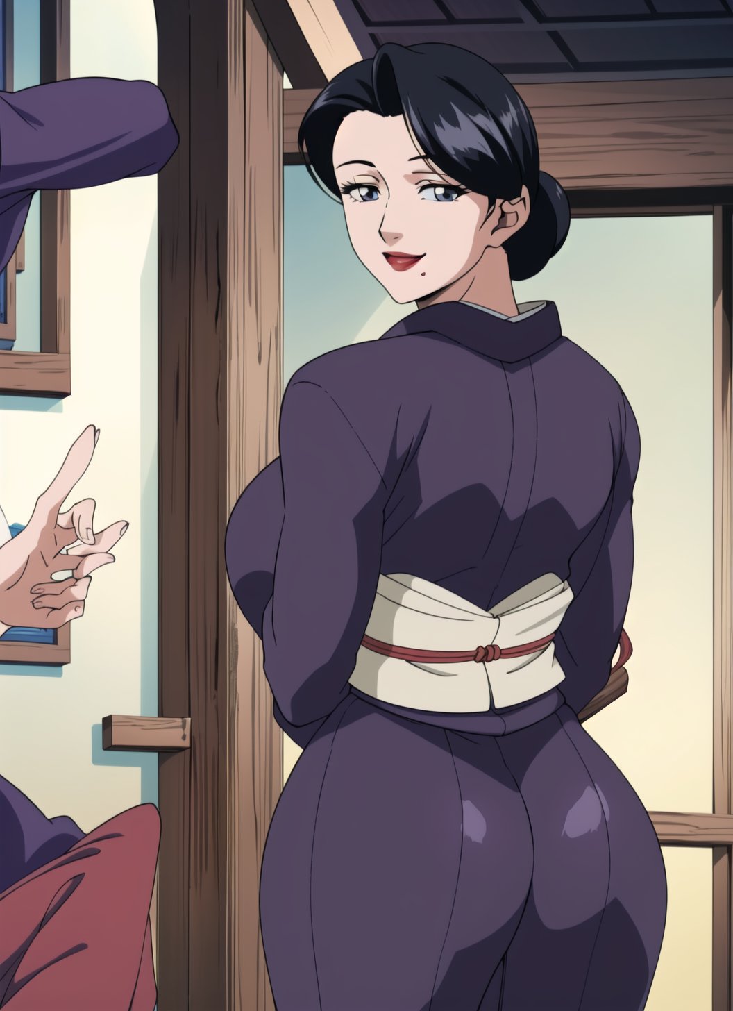 "如梦幻般的日本动漫女性角色,身着精致的和服,短发乌黑亮丽,正面对着