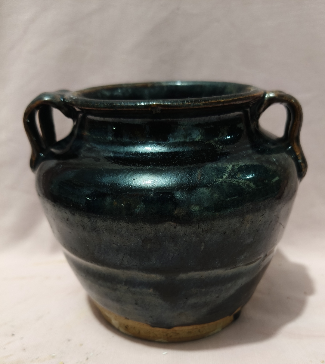 明代乌金釉四系罐,全美品;高约10