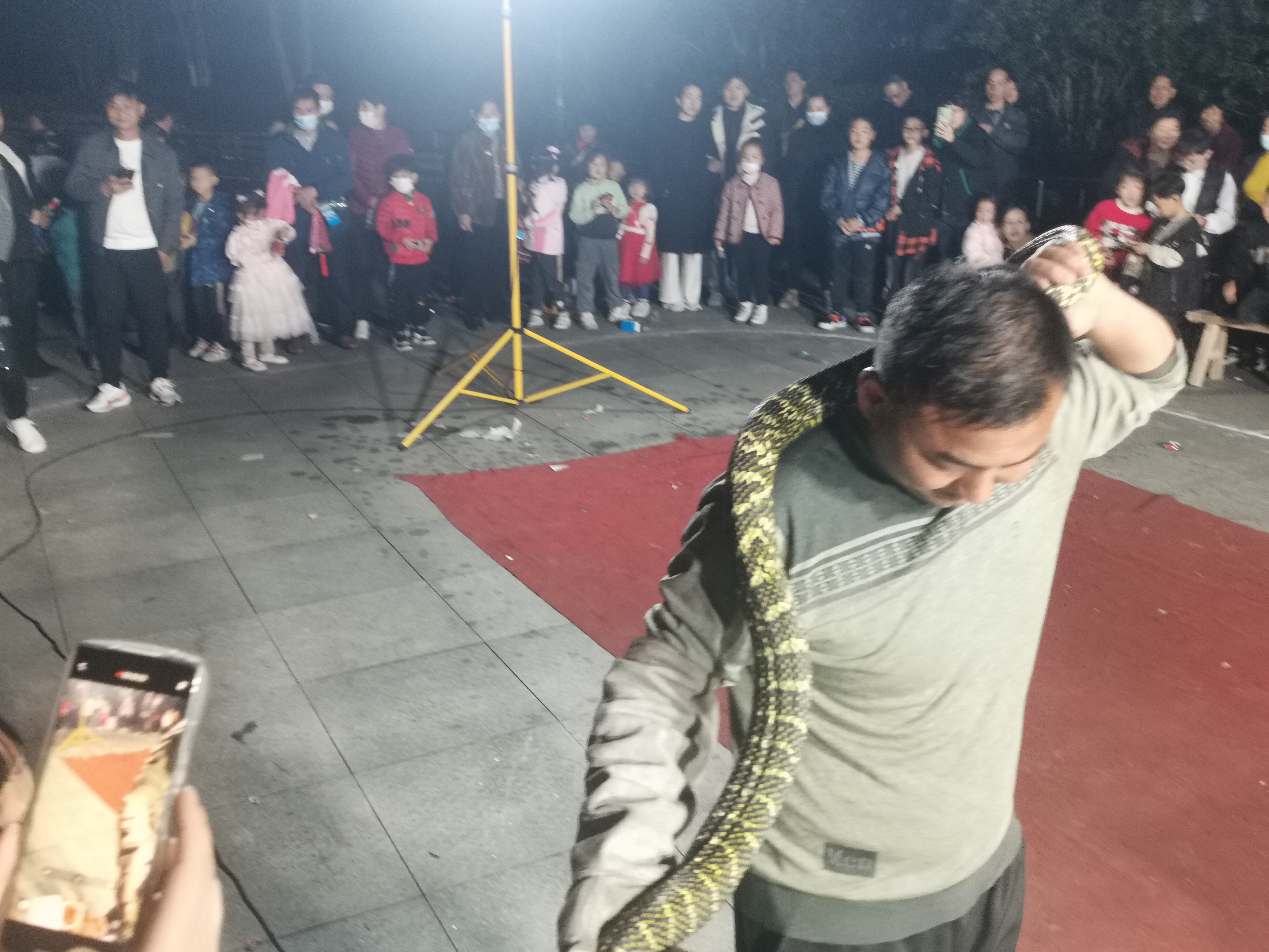 在这个热闹的场合,一名男子正在表演蛇舞,他的手中紧握着一条大金链子