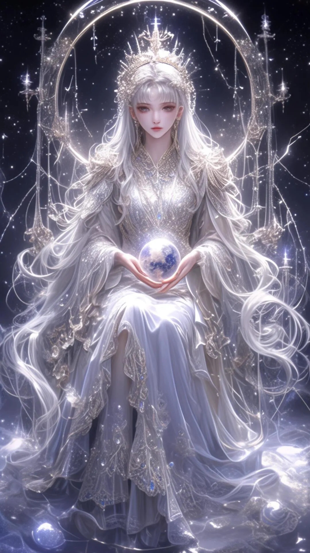 女神手持地球仪,坐在星环王座上,气质高冷,仿佛掌控着世界