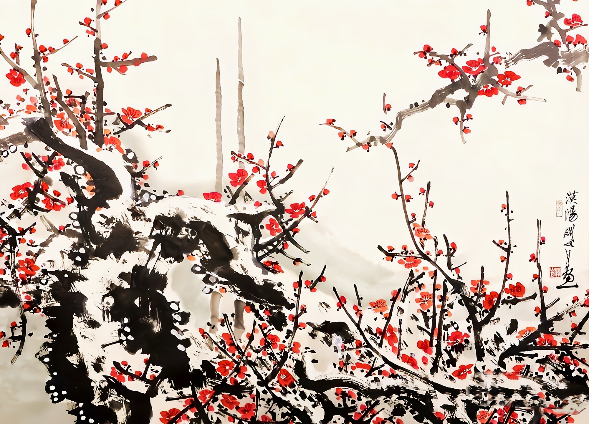 著名国画大师关山月的雪中红梅图,太美了!