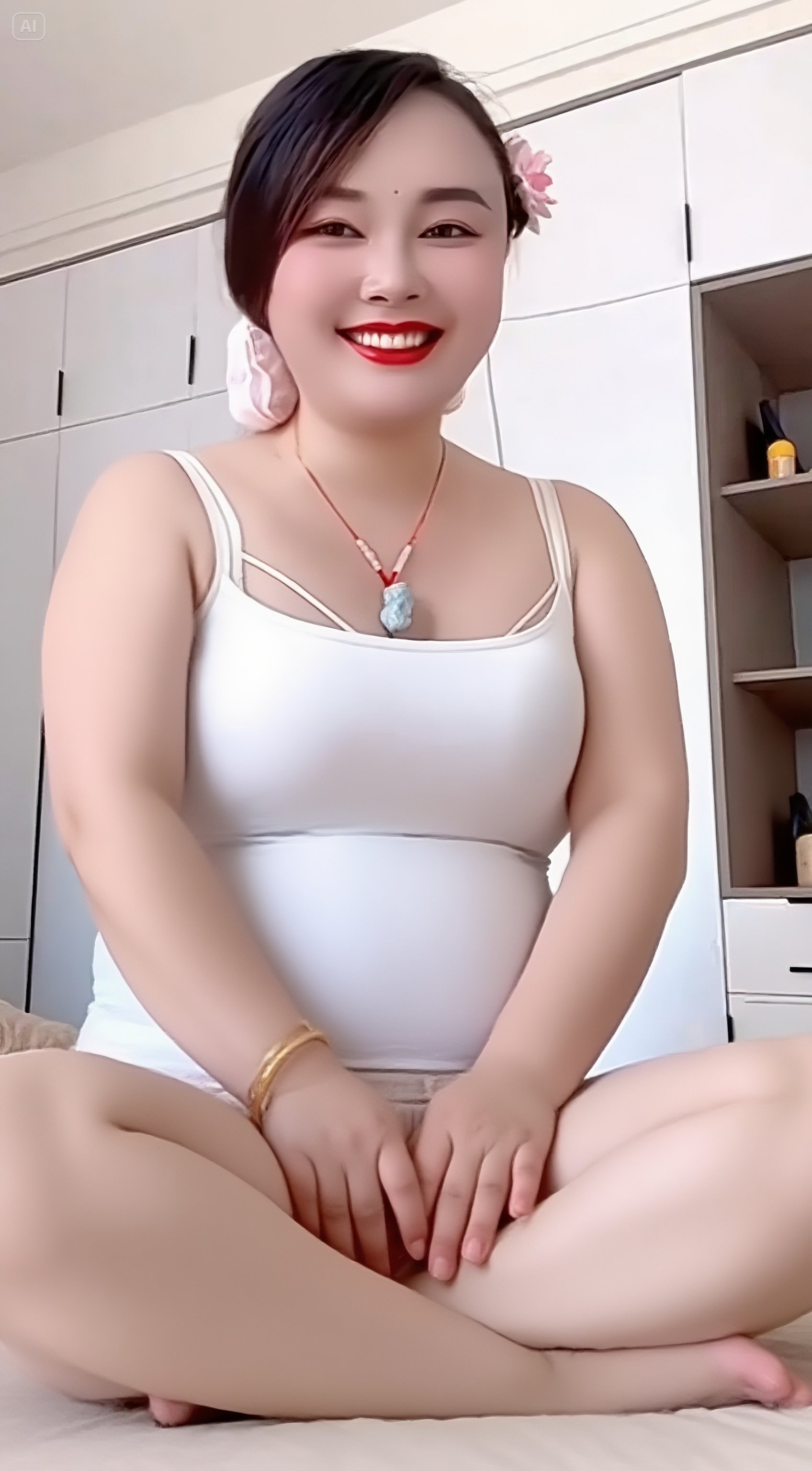 她穿着简约的白色吊带,盘腿坐在室内,笑容明媚