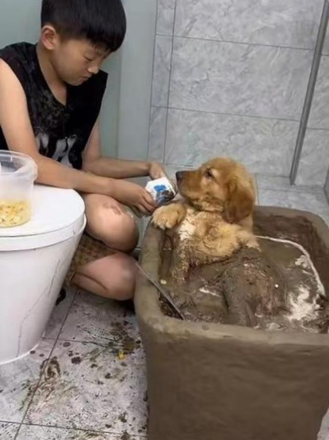 朋友家的小孩说是给狗狗洗澡,一个小时没动静,过来看看,就成这样了